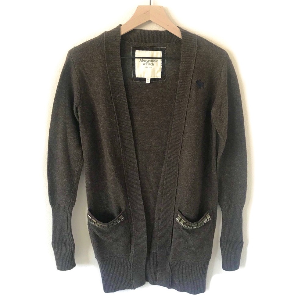 A&F Cozy Brown Long Cardigan w/Jeweled Pockets
